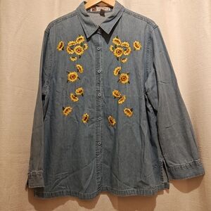 Denim Button Down Shirt with Sunflower Embroidery